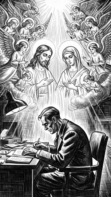 A man works at his desk, Jesus Mary and the angels look on.