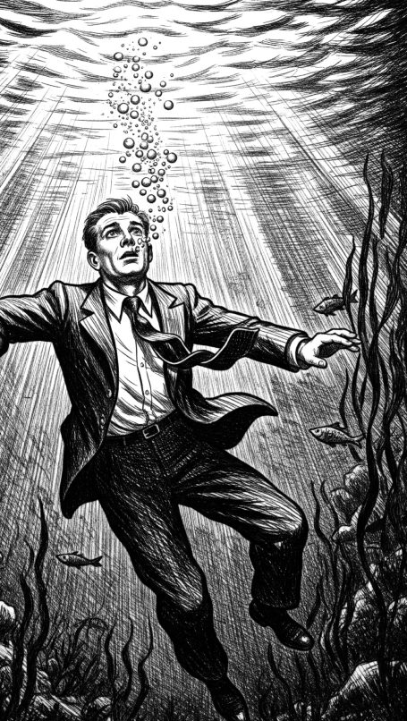 Man is sinking underwater, bubbles coming up as he breathes out.