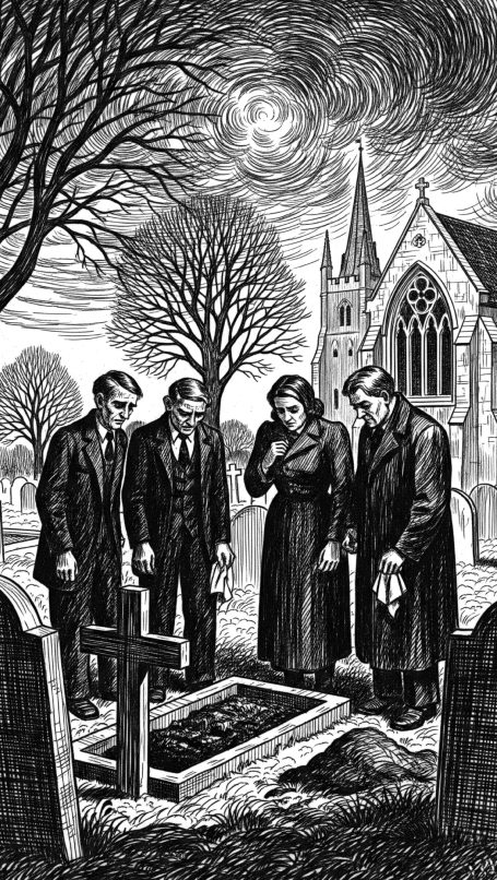 Four mourners stand around a fresh grave
