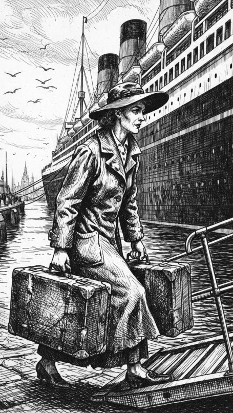Woman with suitcases boards an ocean liner