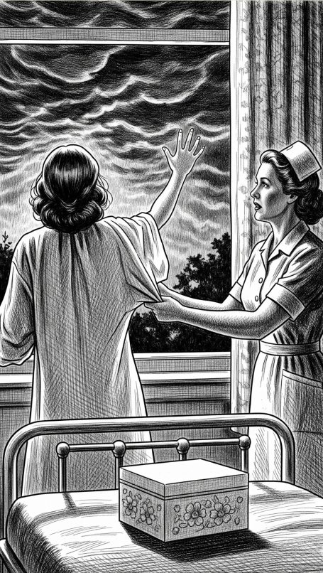 A woman in a hospital gown stares out of a window at a darkening sky, whilst a nurse tries to calm her.