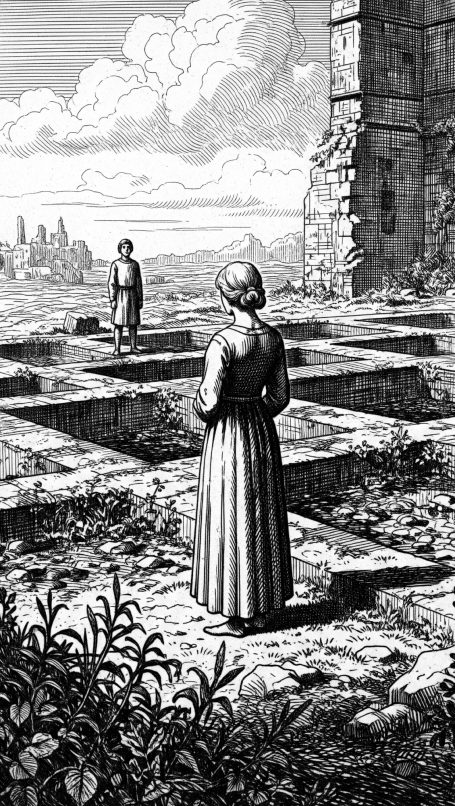 A woman stands in the ruins of a building, staring at a young man.